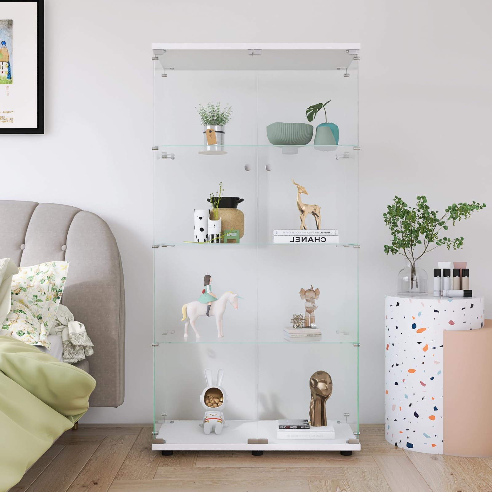 Vitrina de cristal, con 4 estantes de cristal, vitrina para colección con 2 puertas y cerradura para dormitorio, salón (blanco, puerta doble, 36 x 80 x 164 cm)