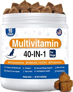 Dog Multivitamin Chewable, 40-in-1 Dog Vitamins Supplements with Mushroom, Glucosamine, Digestive Enzymes for Liver, Brain, Joint Gut & Eyes,Multivitamin for Dogs All Breeds & Ages