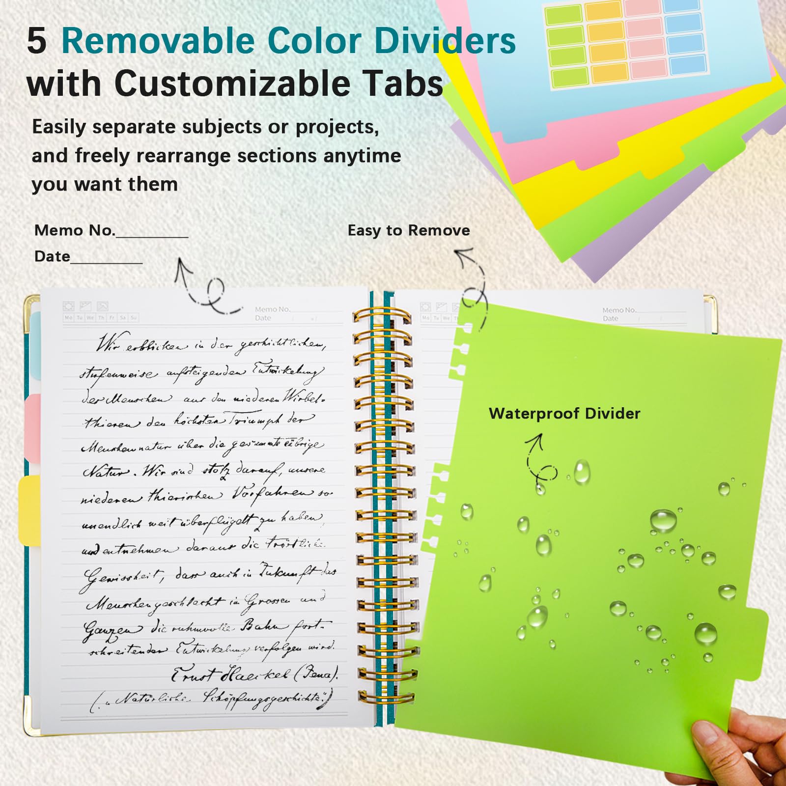 Cuaderno en espiral de tapa dura con separadores y pestañas extraíbles, 8 x 10 pulgadas, cuadernos de 5 temas para el trabajo, cuaderno de rayas universitarias, diario B5 con rayas brillantes
