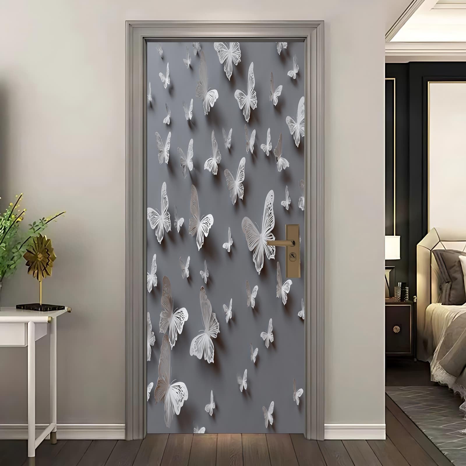 Sticker mural porte effet 3D revêtement adhésif gris lavable