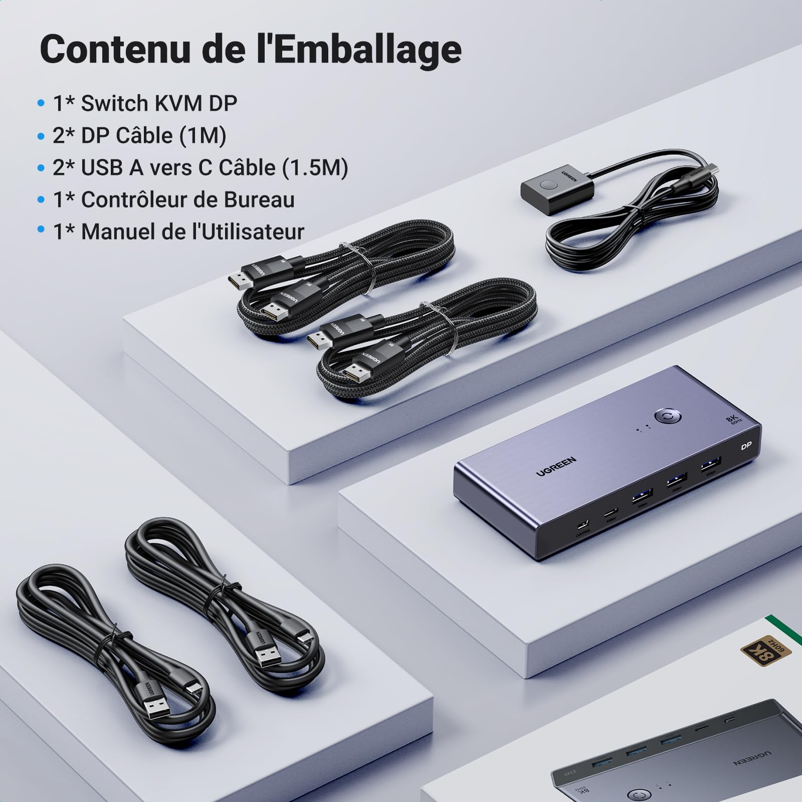 UGREEN Switch KVM Displayport 1.4 8K 60Hz 2 Entrées 1 Sortie Commutateur | 4K 240Hz USB C 3 USB A pour Clavier Souris Disque Dur Imprimante Moniteur avec Contrôleur de Bureau 2 Câbles DP 1M