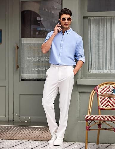 Miniatura 3 de COOFANDY Pantalones de vestir con frente plano de ajuste clásico para hombre, sin planchado, pantalones casuales de primera calidad, pantalones de