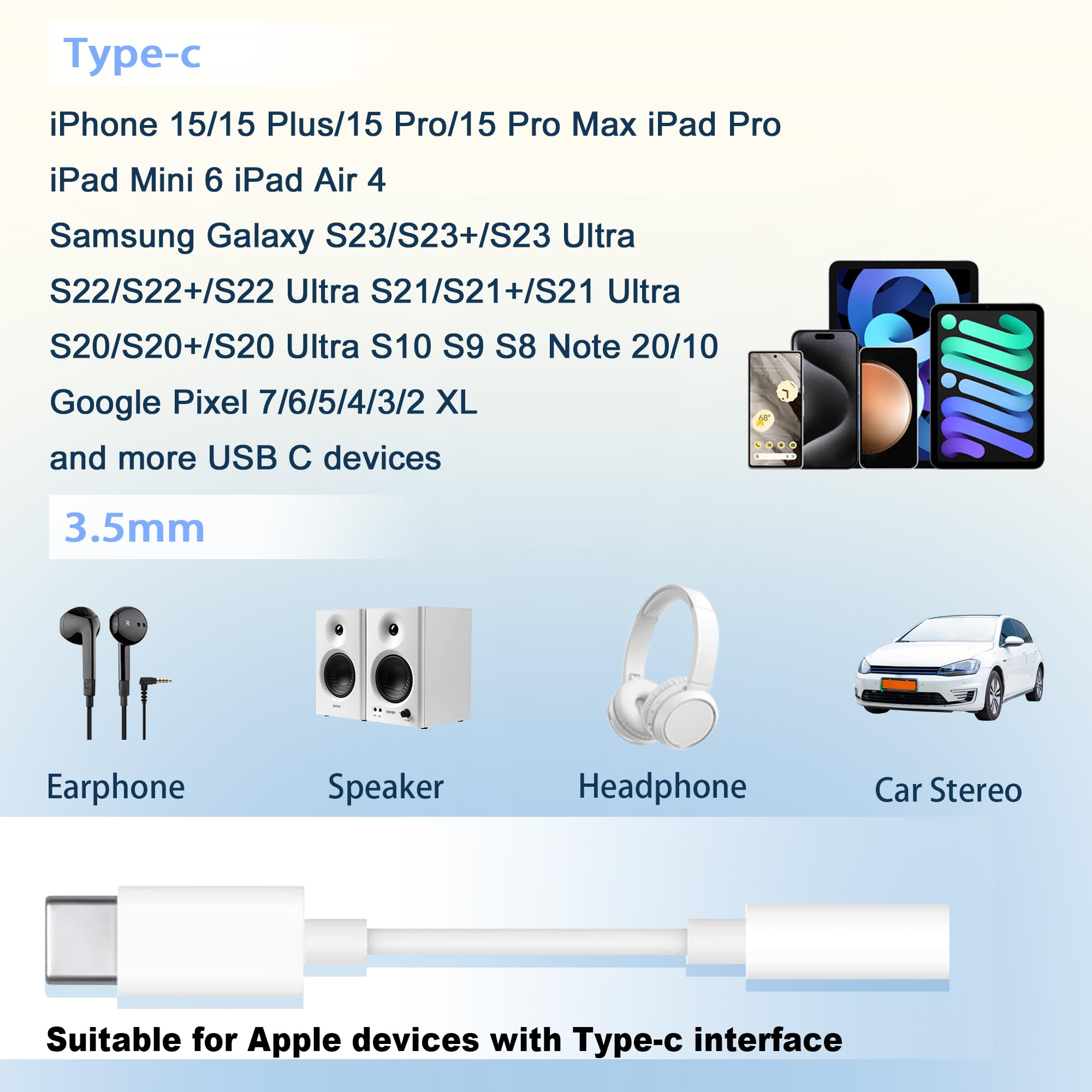 Adattatore da USB-C a jack per cuffie da 3,5 mm, cavo USB C a AUX audio, compatibile con iPhone 15 serie 16, iPad Pro, Galaxy S23/S22 Ultra (bianco, confezione da 20 pezzi)