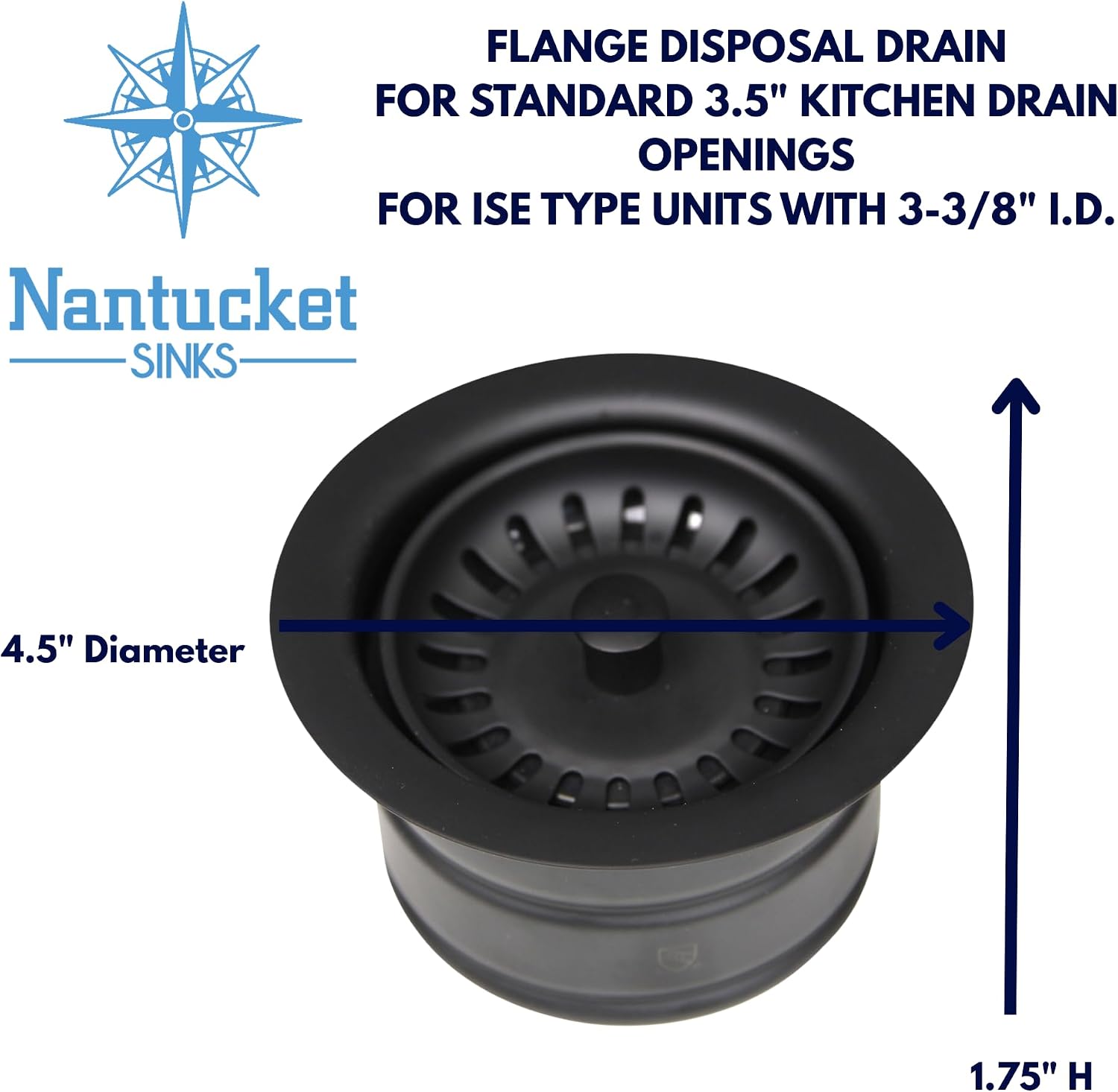 Nantucket Sinks 3.5EDF-MBL Extended Flange Disposal Kitchen Drain, 3.5", Matte Black
