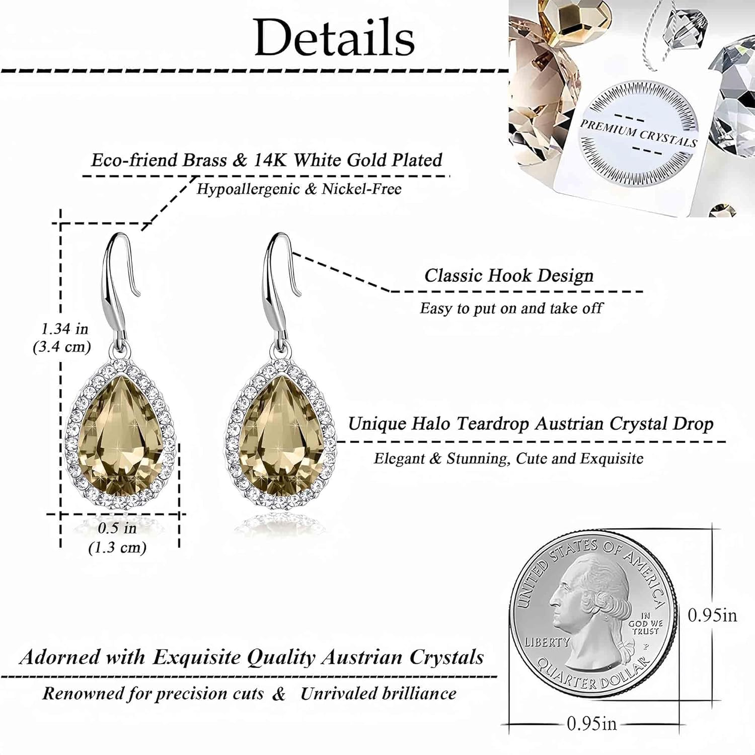Austrian Crystal Teardrop Dangle Drop Earrings for Women Dangling 14K Gold Plated Hypoallergenic Jewelry - Image 4