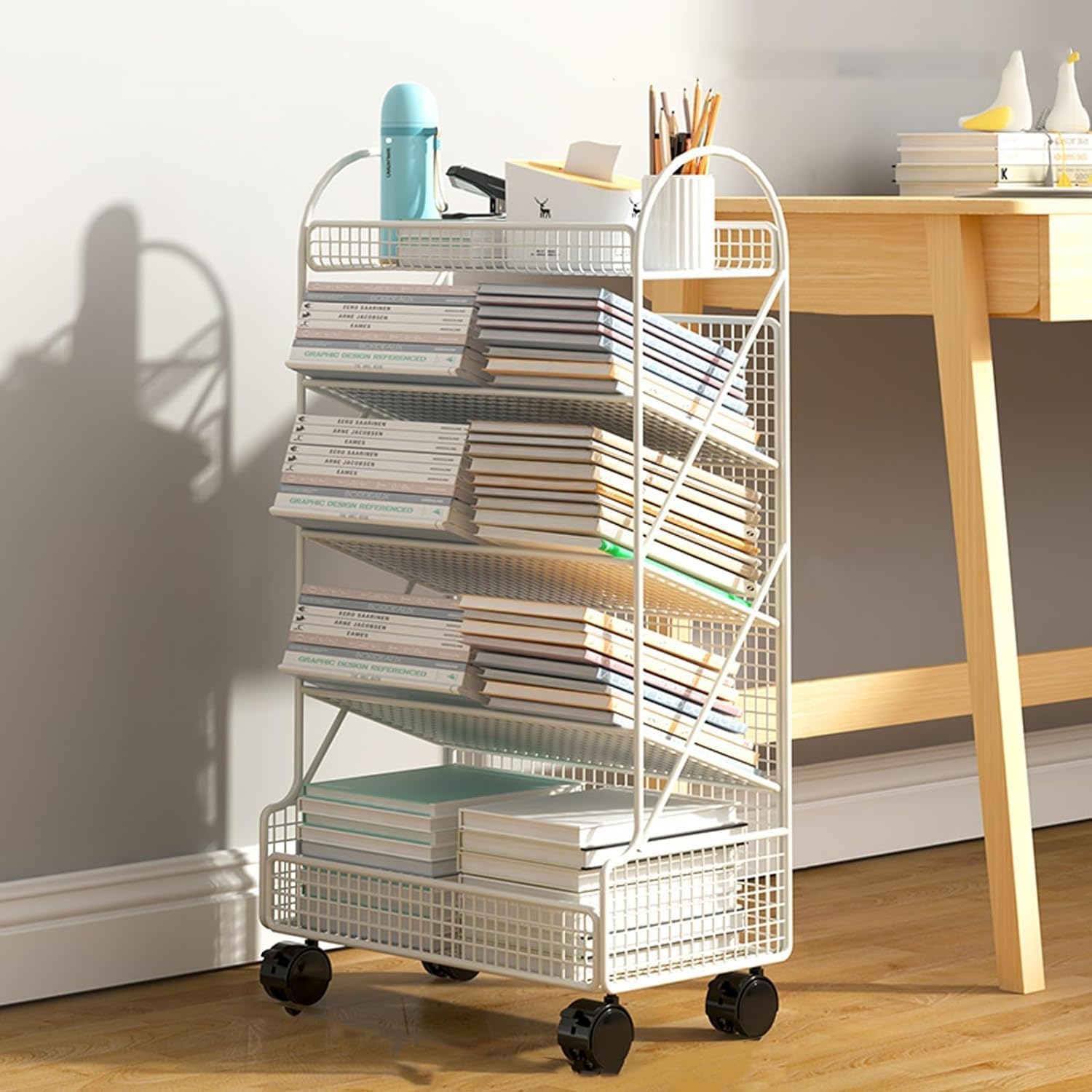 PEYNIR Libreria semplice Carrello per libreria mobile Scaffali per libri mobili con rotelle con serratura Carrello per libreria unico con cestello portaoggetti laterale