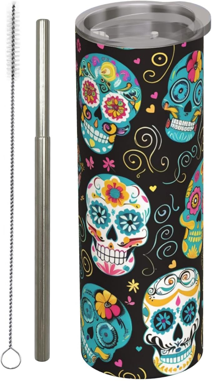 Gothic Sugar Skull Stainless Steel Insulated Tumbler with Lid,20oz Day of the Dead Travel Mug,Reusable Metal Straw & Brush,Double-Wall Vacuum Bottle Cup for Hot Cold Drinks,Halloween Gifts