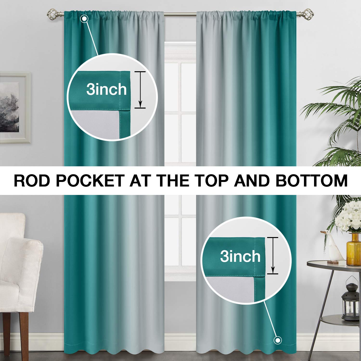 SimpleHome Ombre Room Darkening Curtains for Living Room, Rod Pocket Light Blocking Gradient Teal to Greyish White Thermal Insulated Window Curtains Drapes for Bedroom, 2 Panels, 52x84 inches Length