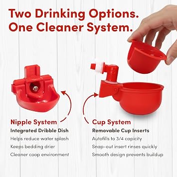RentACoop 2 Gallon Chicken Waterer with 4 Auto-Fill Water Cups, 4 Horizontal Nipples, and Custom Adjustable Stand; BPA-Free; Large Capacity Poultry Waterer- Corner Placement
