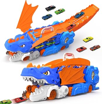 VATOS Dinosaur Transport Truck Car Toy - Storage Toddlers Track Toys with Sound, Portable Truck Car Toy with 6 Race Cars, Best Gift Carrier Vehicles Toys Set for Kids for Boys 3-5 Years Old