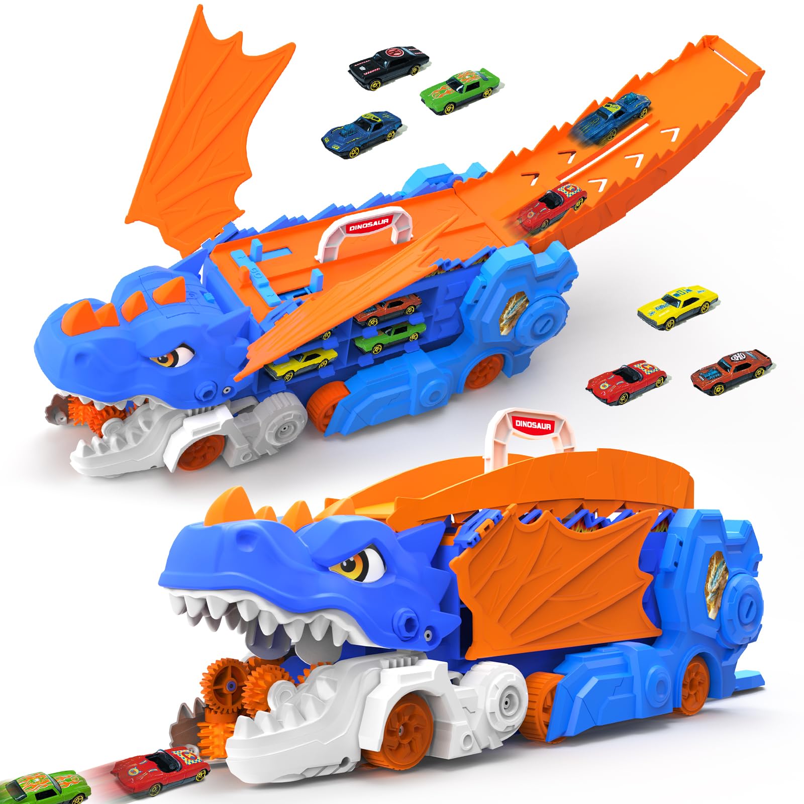 VATOS Dinosaur Transport Truck Car Toy - Storage Toddlers Track Toys with Sound, Portable Truck Car Toy with 6 Race Cars, Best Gift Carrier Vehicles Toys Set for Kids for Boys 3-5 Years Old