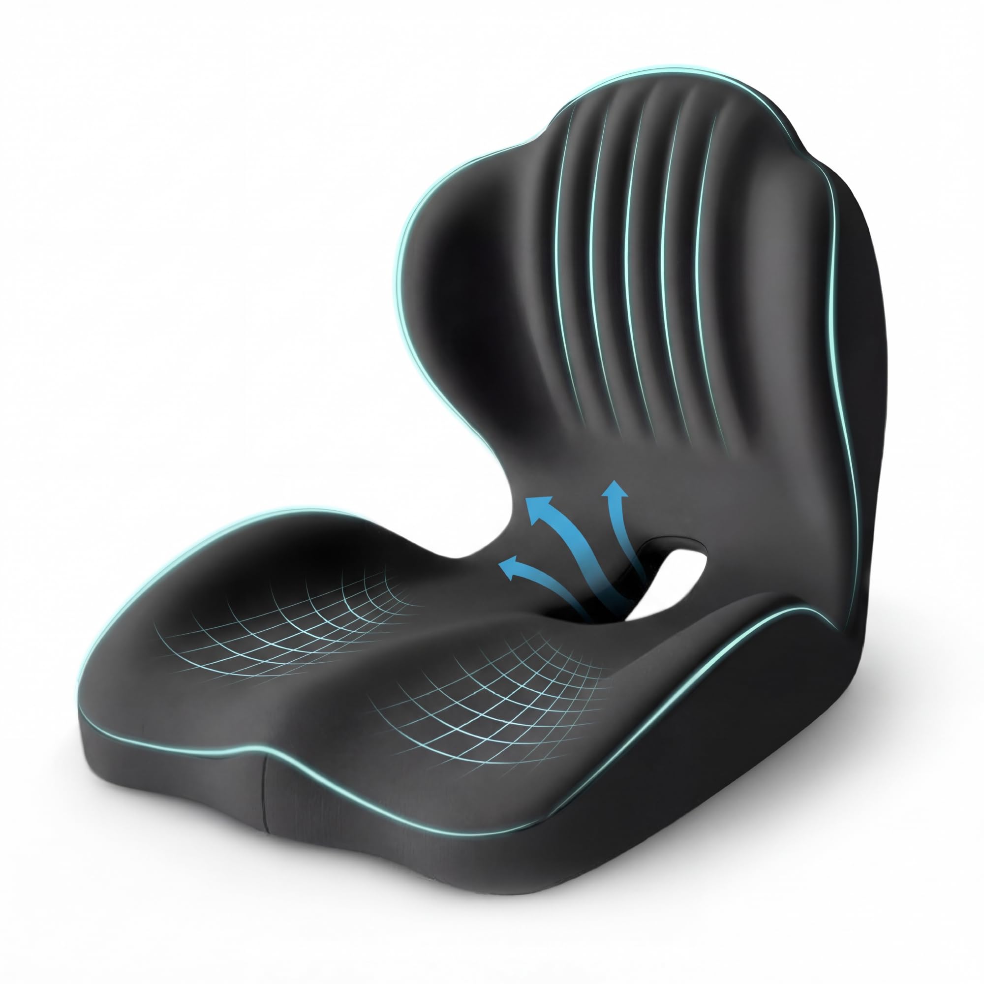 Photo 1 of Ergonomic Waist Support and Seat Cushion, 2-in-1 Memory Foam Pad, Hollow Design for Coccyx, Suitable for Office Chairs, Car Safety Seats and Household Use - Relieves Lower Back and Hip Pain (Black)