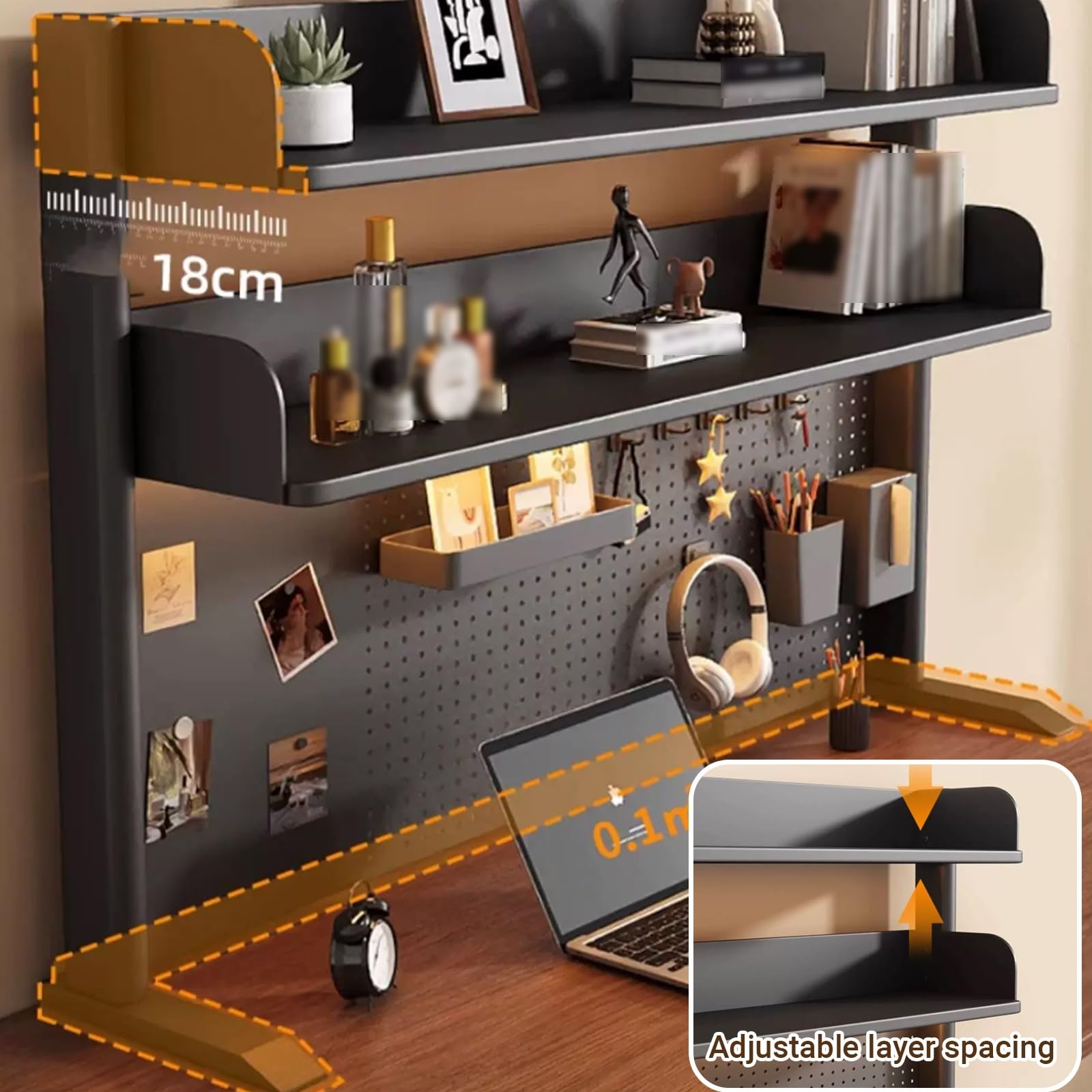Étagère de bureau en métal à plusieurs niveaux avec panneau perforé 2/3 niveaux Sto nizer pour chambre à coucher, noir, 100 x 38 cm / 39.4x15in