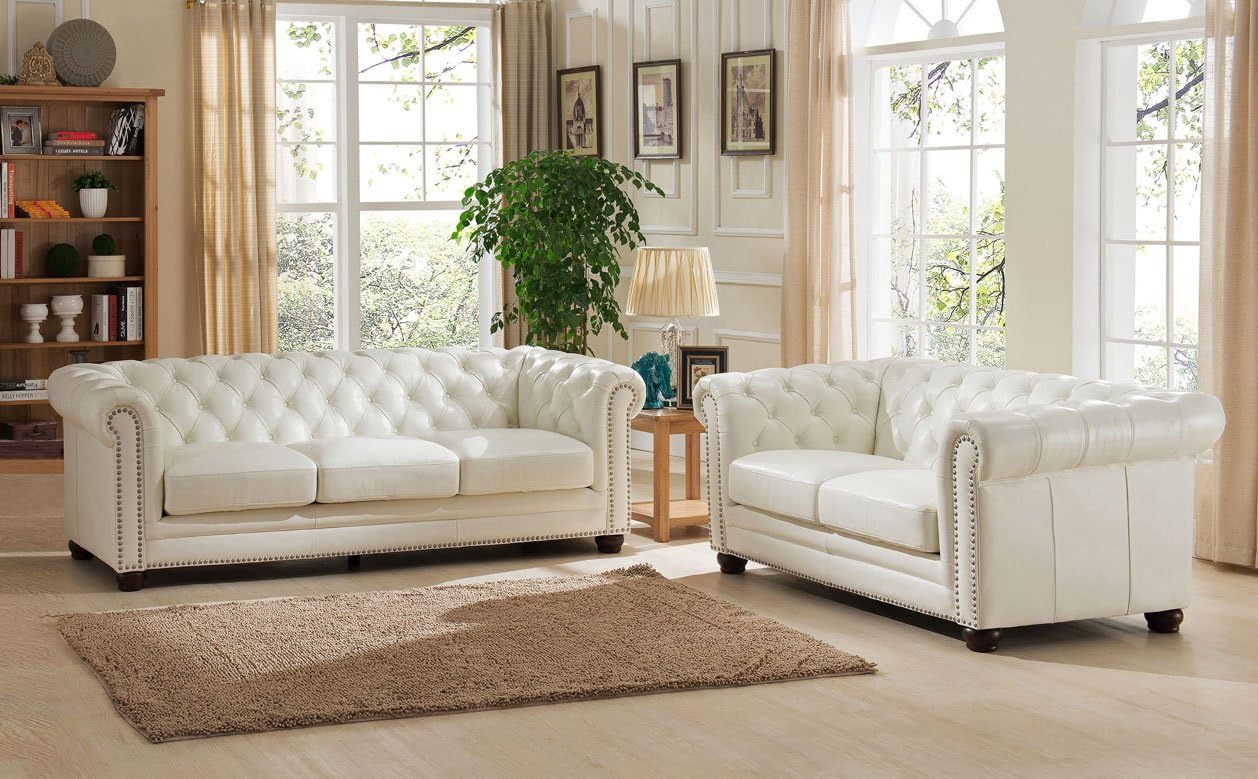 Hydeline Monaco 100% Leather Sofa and Loveseat, Pearl White