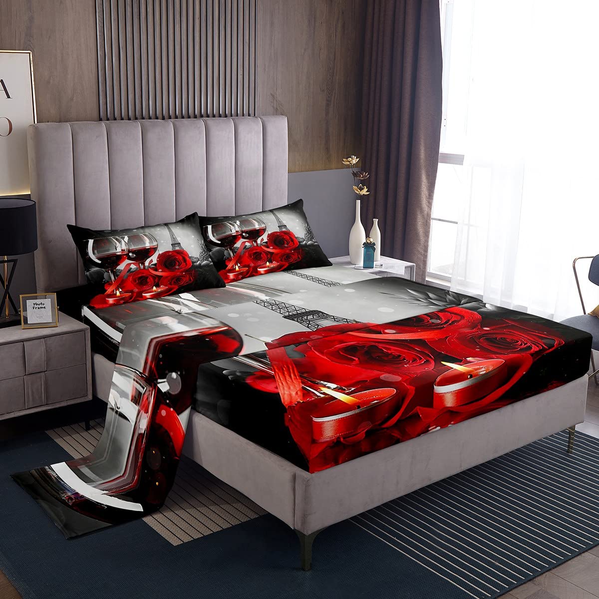 Rose Wine Glass Sheet Set for Girls Women 3D Red Rose Bed Sheets Full French Eiffel Tower Fitted Sheet Floral Blossom Romantic Valentine's Day Flat Sheet & Fitted Sheet & 2 Pillowcases, Grey Black