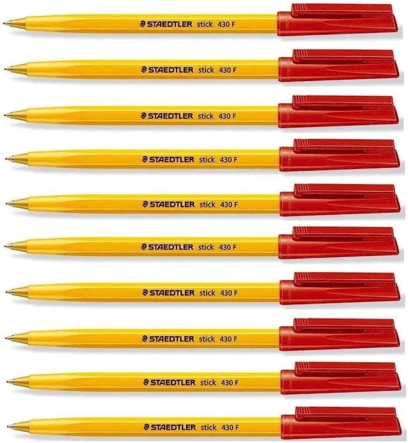 Staedtler Fine 0.3mm Red 430 Stick Ballpoint Pens Writing Pen Smooth Efortless Ink Flow Regulated (Pack of 10)