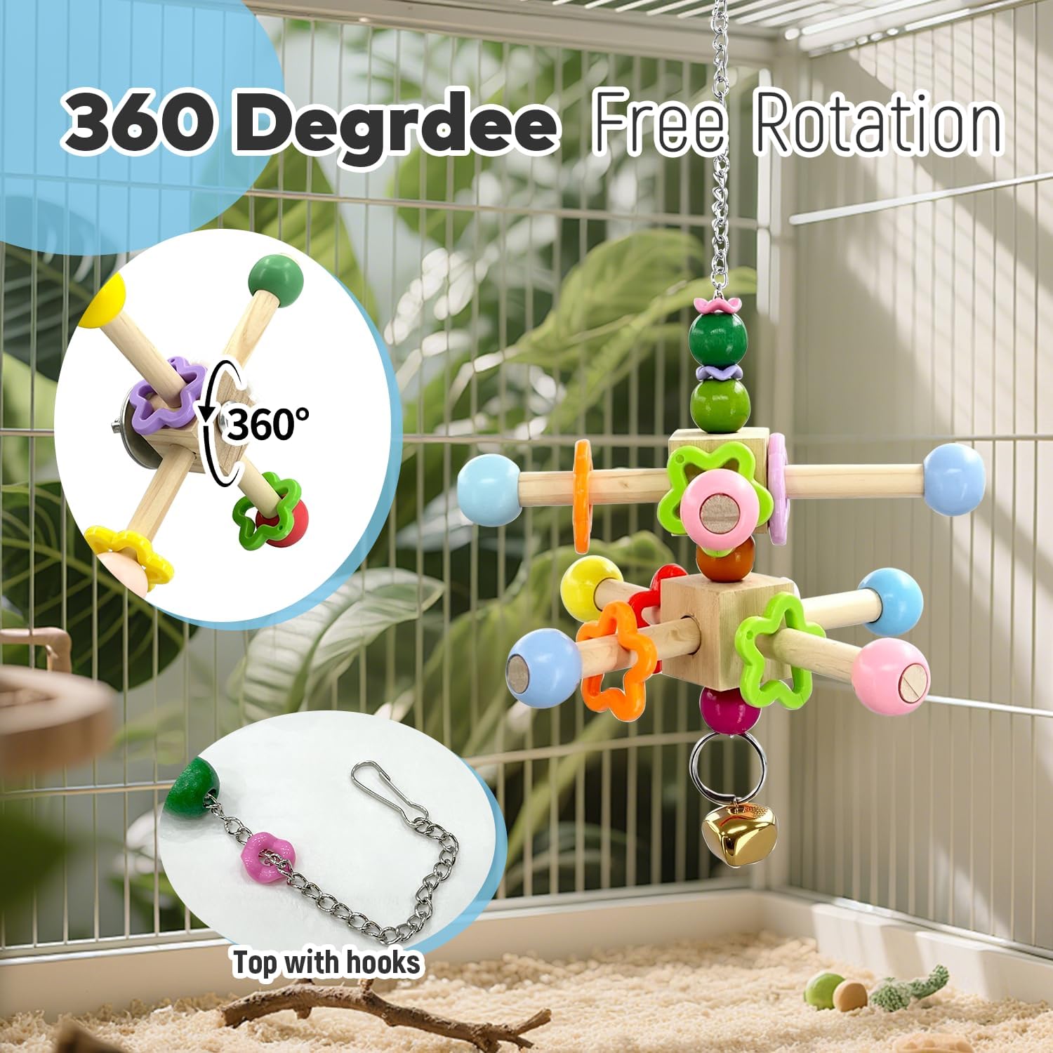 2 Pcs Parakeet Toys, Natural Wood Spinner with Bells, Hanging Cage Accessories for Small Moderate Birds to Relieve Boredom and Anxiety image 5