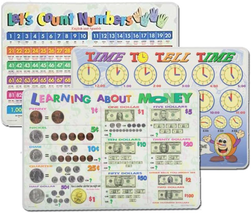 Learning Placemats: Telling Time, Counting Numbers, Learning Money Placemat for Kids | 3 Dry Erase Mats Set