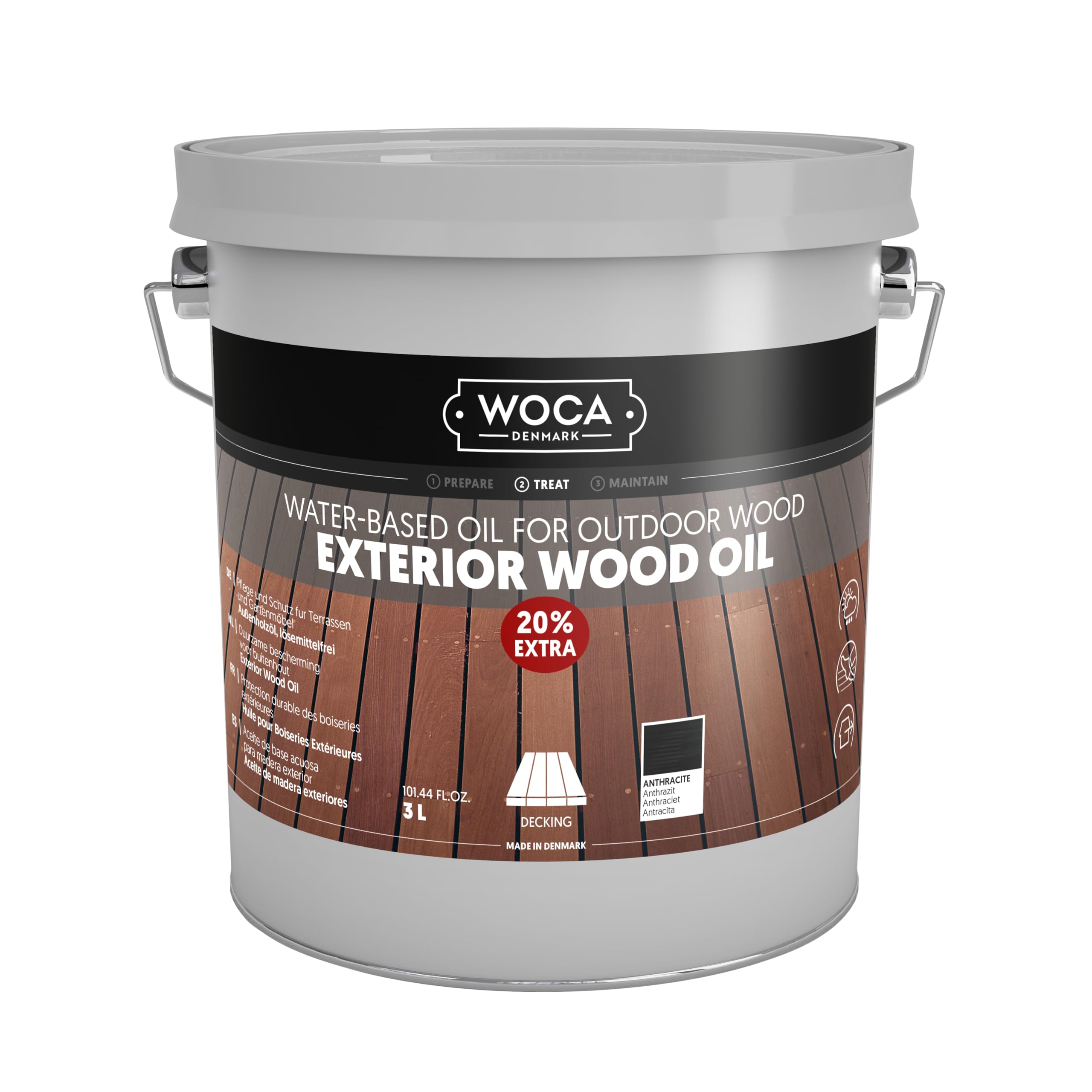 WOCA Denmark Exterior Wood Oil Anthrazit 3 L - Terrassenöl für Terrassen, Zäune und Möbel im Außenbereich