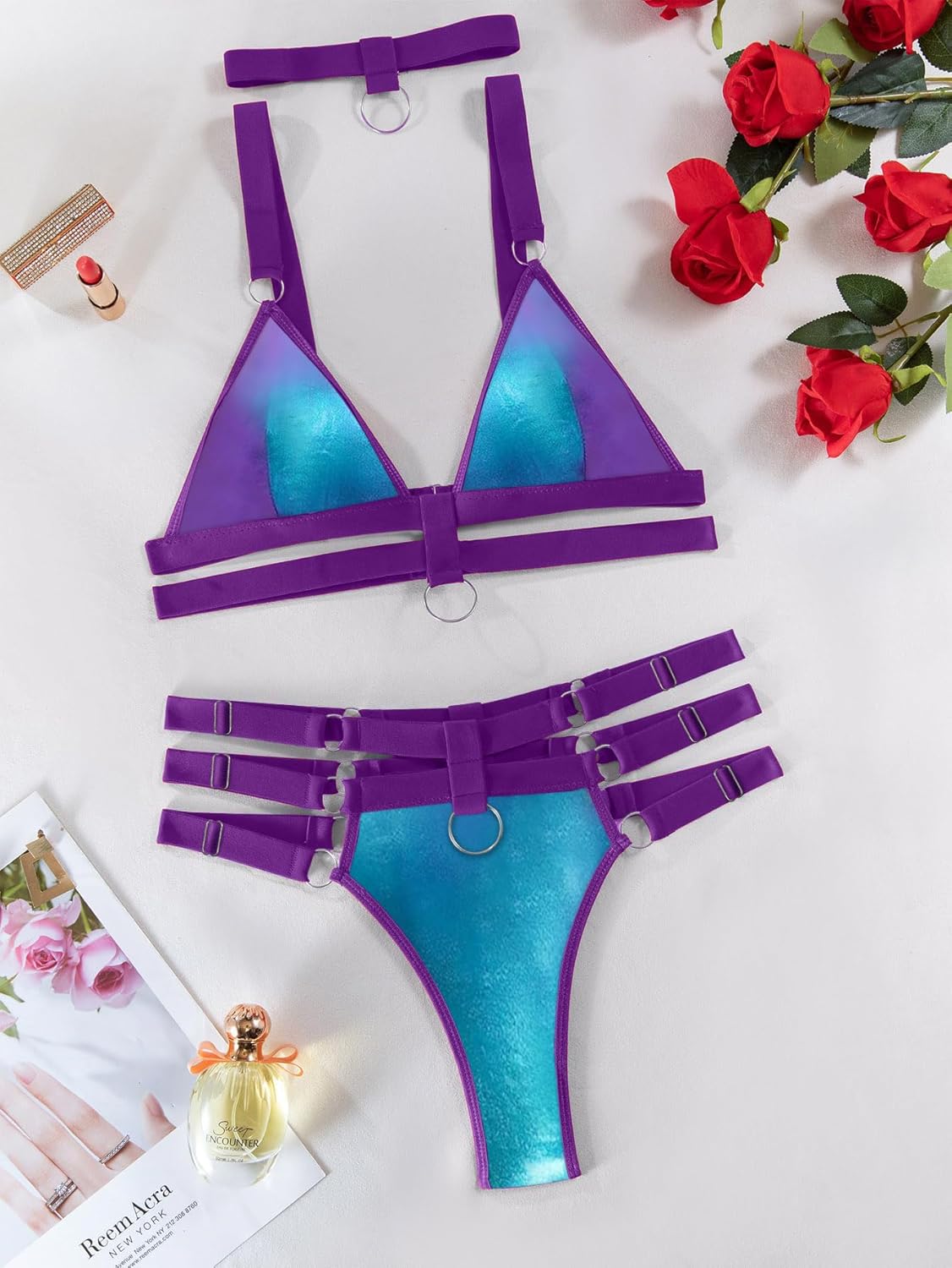 Lilosy Sexy Wireless Choker O Ring Linked Strappy Harness Lingerie Set Outfits 3 Piece - Image 6