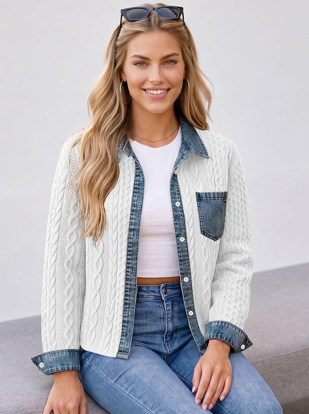 Cropped Jean Denim Collared Bomber Jacket Sweatshirt Cable Knit Shacket