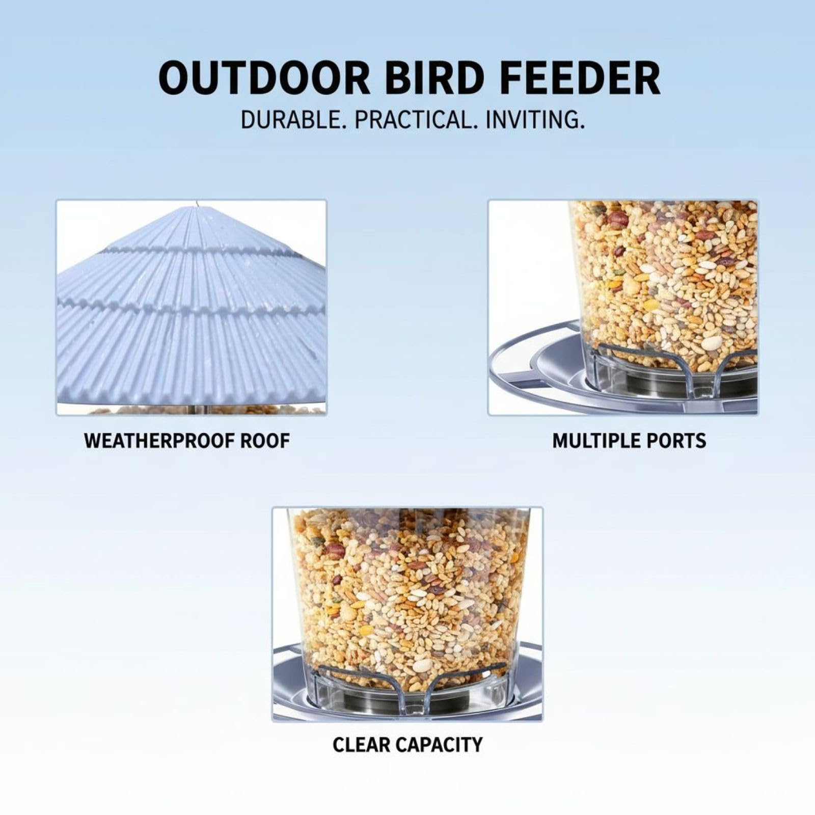 Comedero colgante para pájaros para exteriores, 7.1 x 6.5 pulgadas, comedero automático para pájaros, gran capacidad con múltiples puertos de alimentación, techo resistente a la intemperie, fácil de