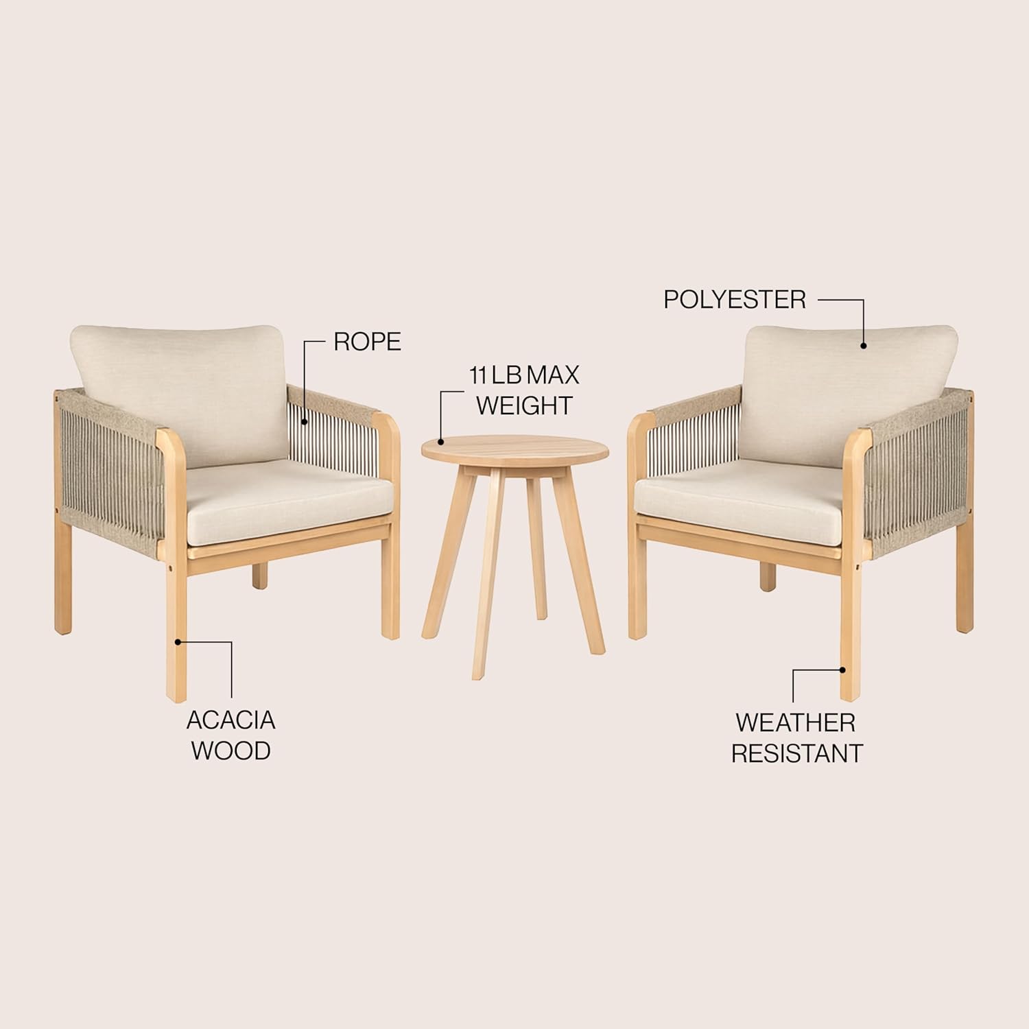 JONATHAN Y LVG1204A-3SET Aveiro 3-Piece Modern Bohemian Roped Corner Acacia Wood Conversation Outdoor Patio Set with Cushions for Patio, Garden, Lawn, Backyard, Deck, Beige/Light Teak