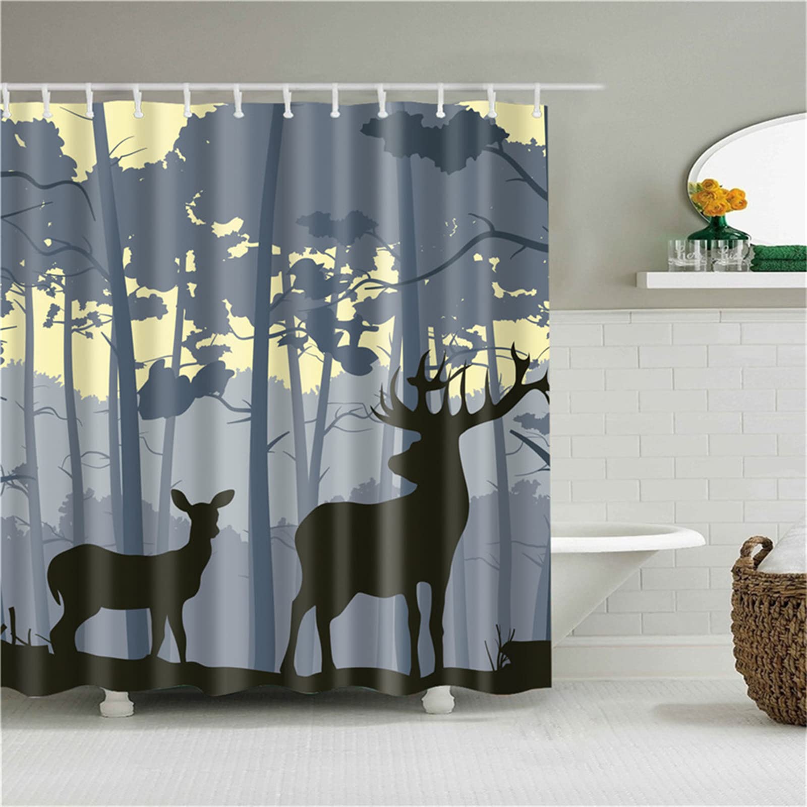 Duschvorhang für Eckdusche und Kleine Badewanne, Bad vorhang aus Polyester Stoff Schimmelresistent Wasserabweisend und Waschbar, Hirsch Schatten， 240x180cm mit Duschvorhangringen Shower Curtains