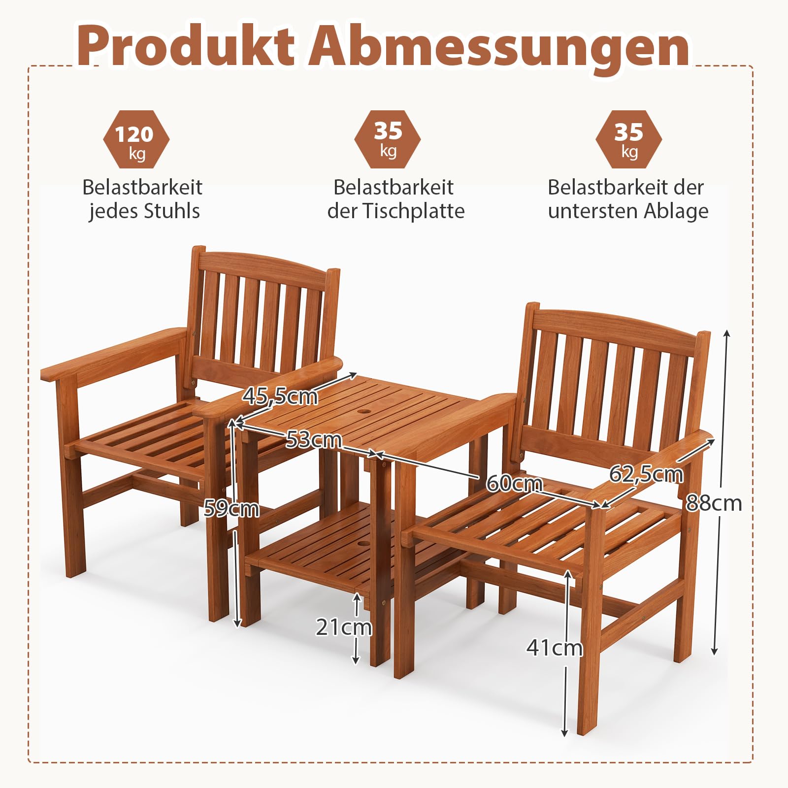 COSTWAY Gartenbank mit Beistelltisch & Schirmloch, 2-Sitzer Akazienholz Sitzbank Konversationsset, Terrassenbank Gartenmöbel Set für Balkon, Garten, Terrasse (vertikal)