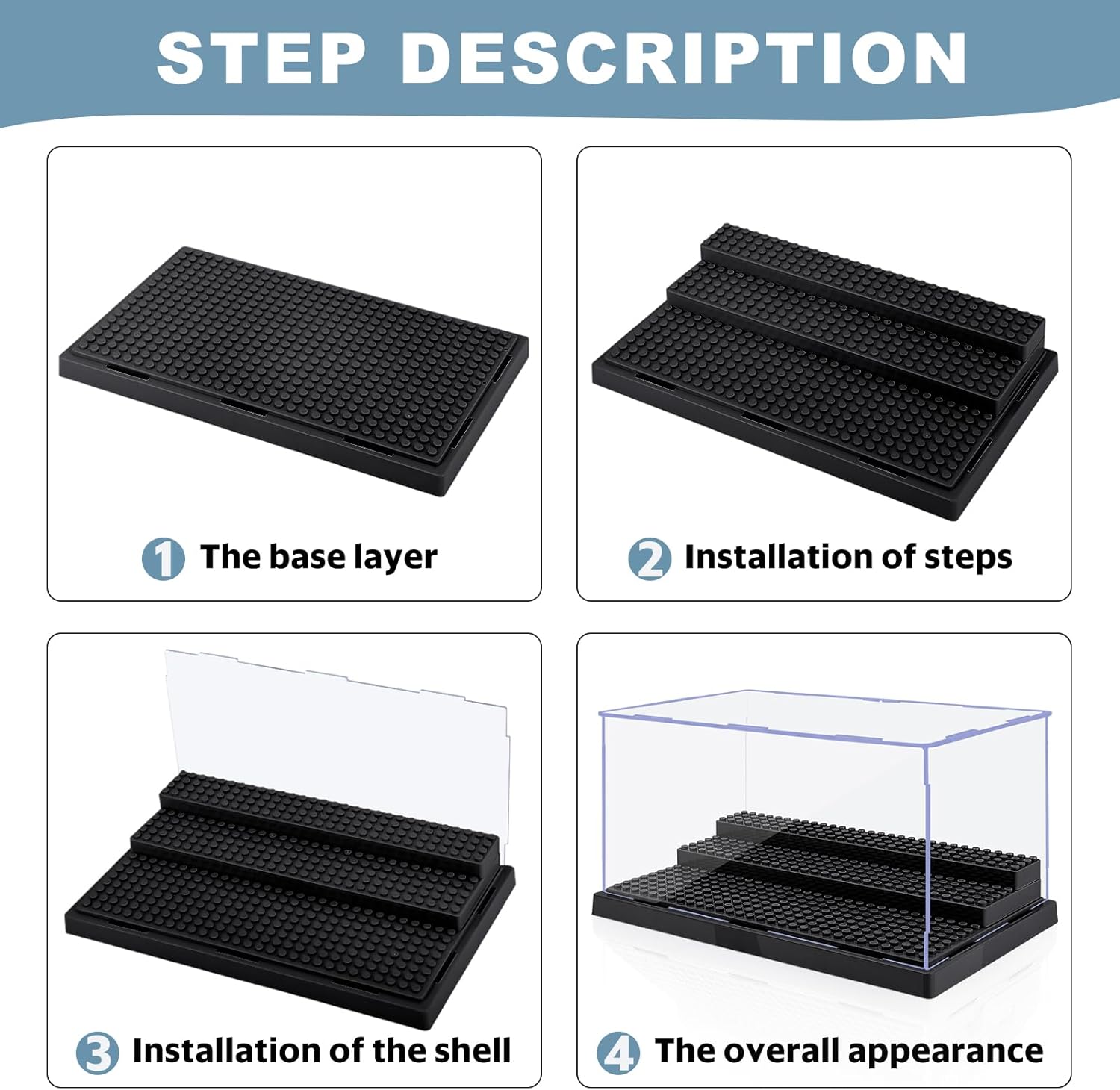 Display Cases for Minifigures, 4 Mini-Figure Display Boxes Fits for Block Figures, Minifigures Cases with 3 Removable Stands Fits for Lego 95% Minifigs, Characters and People, L, Black