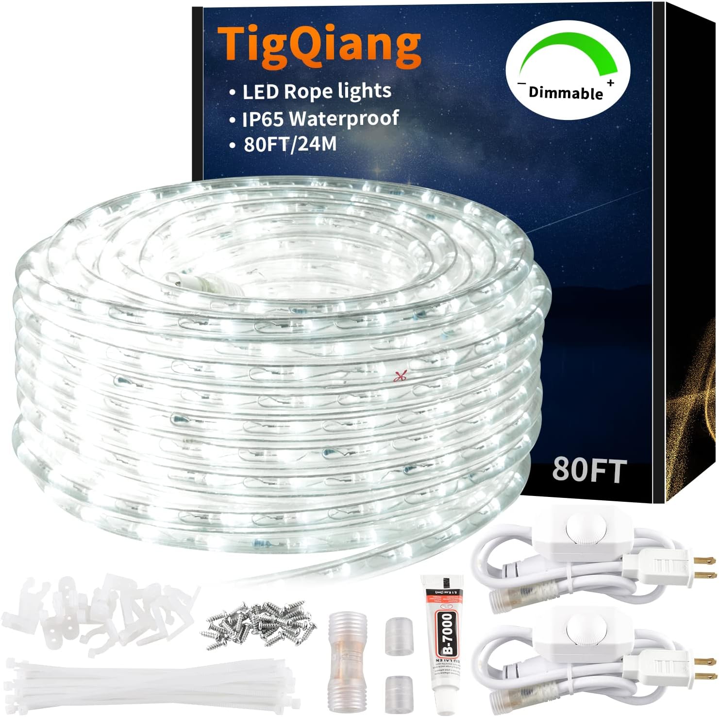 TigQiang 40ft LED Rope Lights, Dimmable Indoor Outdoor Rope