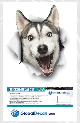 Miniatura 5 de Winston & Bear Calcomanías 3D para perros, paquete de 2 unidades, diseño de Husky feliz para pared, nevera, inodoro y más, calcomanías de pared de