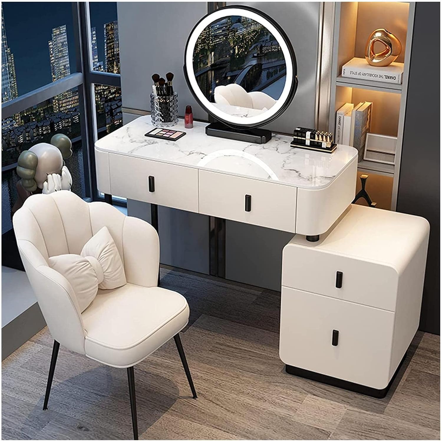 Vanity Table Led Lighted Mirror Makeup Vanity Set with Movable Nightstand Dressing Table Cushioned Stool Luxury Vanity Desk