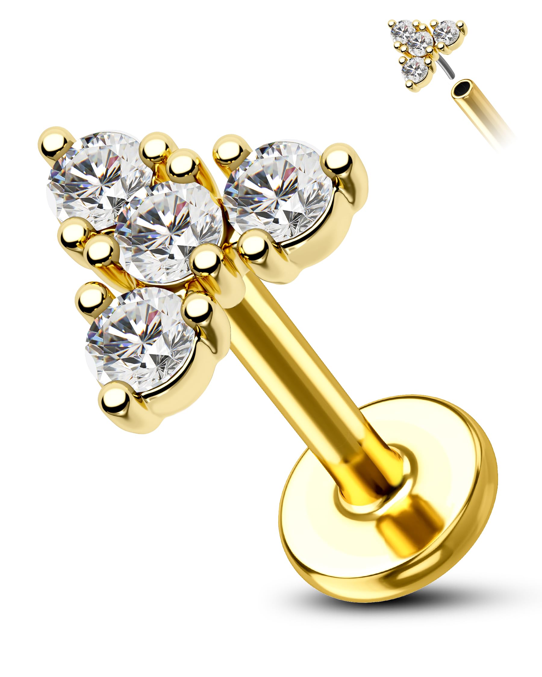 COCHARM 14K Solid Gold Threadless Tringle Ear Helix Flat Cartilage Earring Stud Flat Back 16g Yellow Gold Flat Piercing Push Pin 8mm Conch Earrings