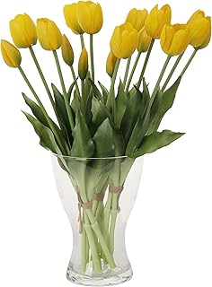 cn-Knight 20pcs Artificial Tulip Flowers,16 Inch Real Touch Tulip Stems with Faux Leaves, Faux Tulips and Buds for Home DÃ©cor Centerpiece Ornament Wedding Bouquet,Yellow