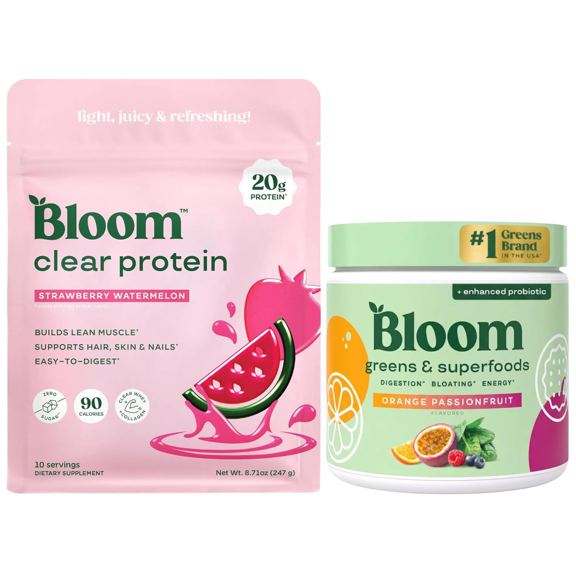 Bloom Strawberry Watermelon Clear Protein and Orange Passionfruit Greens Powder Bundle