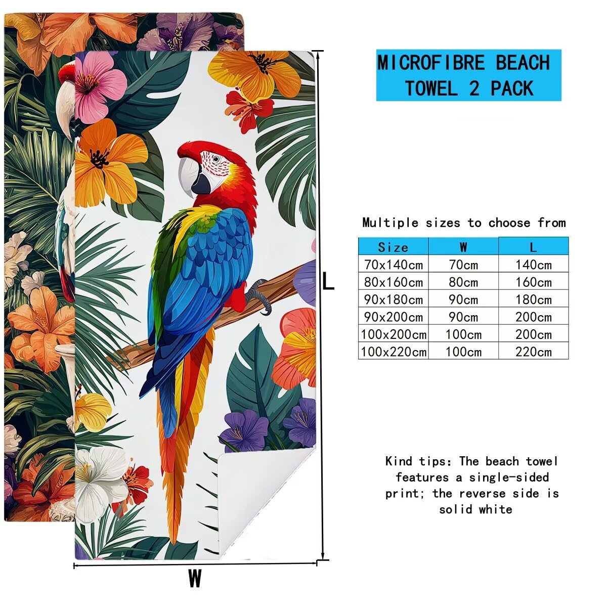 Telo Mare Microfibra, Telo Mare Grande 100x200cm 2 Pezzi, Asciugamano Palestra Donna Asciugatura Rapida, Antisabbia Asciugamano Microfibra, Leggero Asciugamani Palestra per Regalo (Pappagallo) -4254