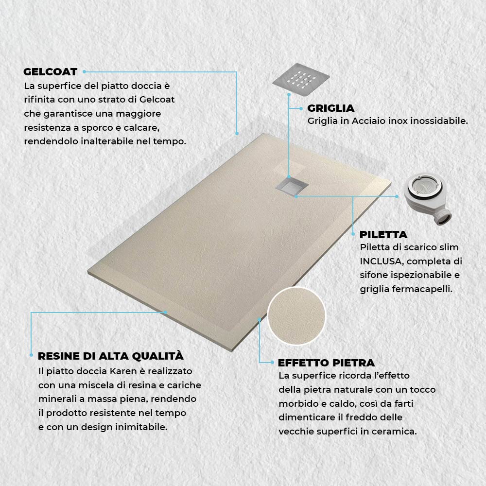Piatto doccia marmoresina con effetto pietra serie Karen, in diverse dimensioni e colori, spessore ultraslim 3 cm, riducibile su misura, COMPLETO di kit scarico (70x90, Beige)
