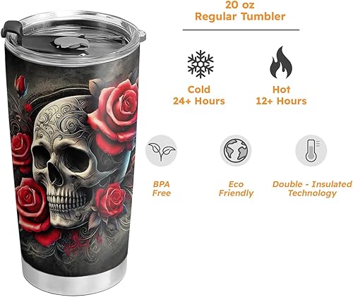 Miniatura 7 de 64HYDRO - BGMZ0304033Z - Vaso con tapa con diseño de calavera y rosa de 20 onzas, con tapa. Termo de doble pared con aislamiento al vacío