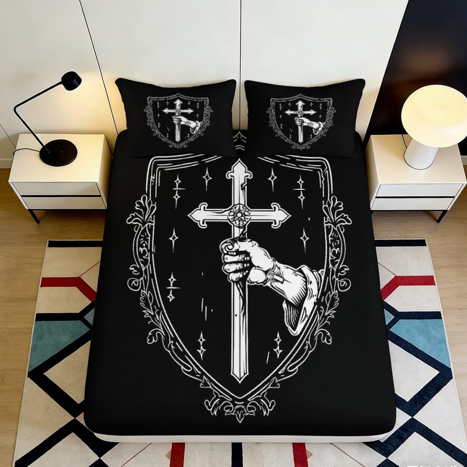 Uynsixtme Style-8 3D Printed Knight Shield Fitted Sheet Microfiber Deep Pocket Non-Slip Knight Shield Mattress Fitted Cover For Bedroom Use 200X200x25cm