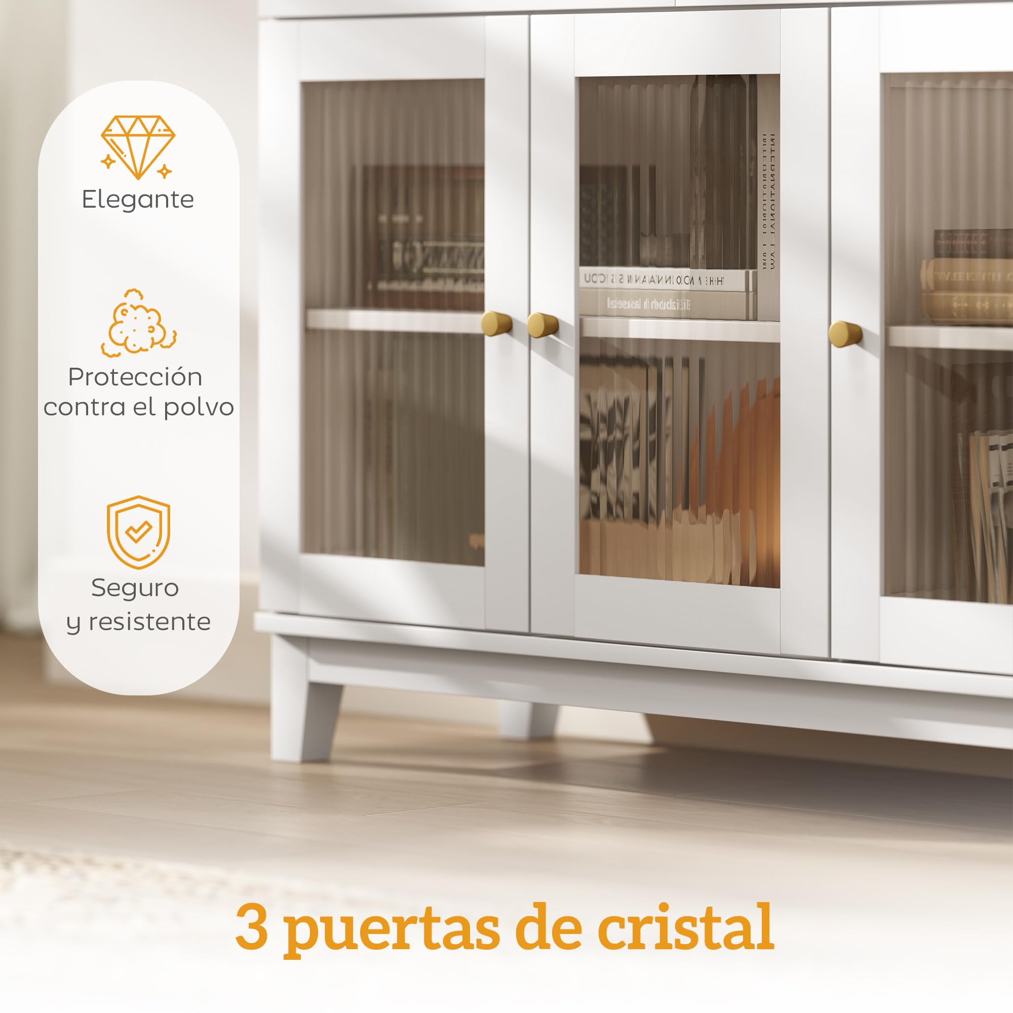 HOMCOM Aparador 3 Puertas Vidrio Estriado 2 Cajones 100x35x80,3 cm Blanco | Aparador para Salón Moderno, Estantes Ajustables, Comedor, Entrada