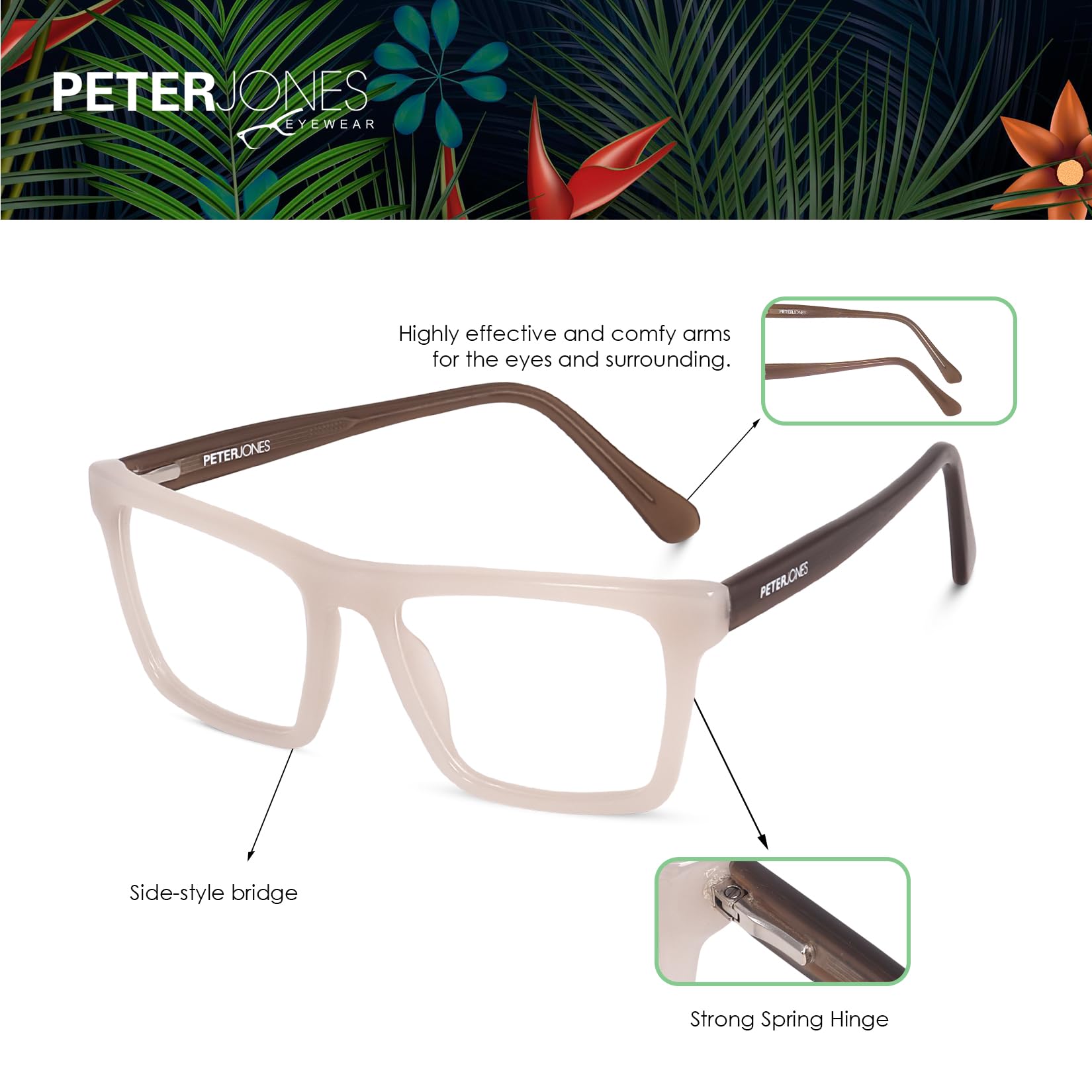 Peter Jones Cream/Brown Acetate Unisex Large Broad Style Premium Spectacle Frame with Spring Hinges (U002CR) - Image 4 thumbnail