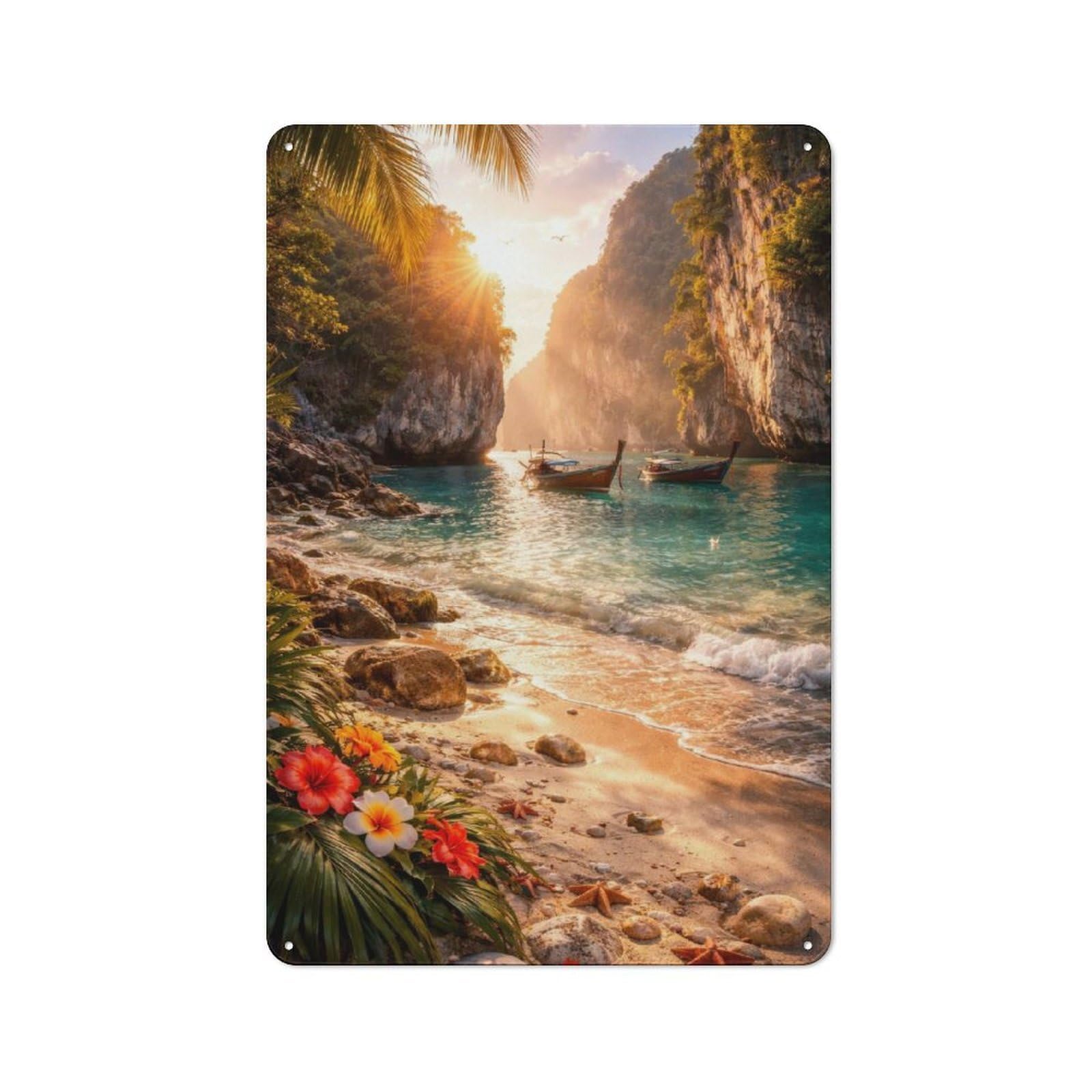 Tropical Beach Paradise at Sunset Clean Industrial Metal Wall Decor 30x20cm, Decorative Metal Plaque for Workspace, Cafe, Hallway Or Garage