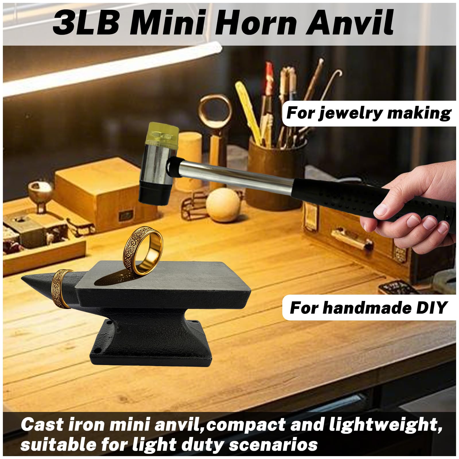 Hyecen Mini Horn Anvil Set,3Lbs Forged Iron Anvil with Rubber Hammer for Jewelry Making,Blacksmith Forge Kit,Jewelry Hammer and Block Set,Bench Block Silversmithing Tools Designed