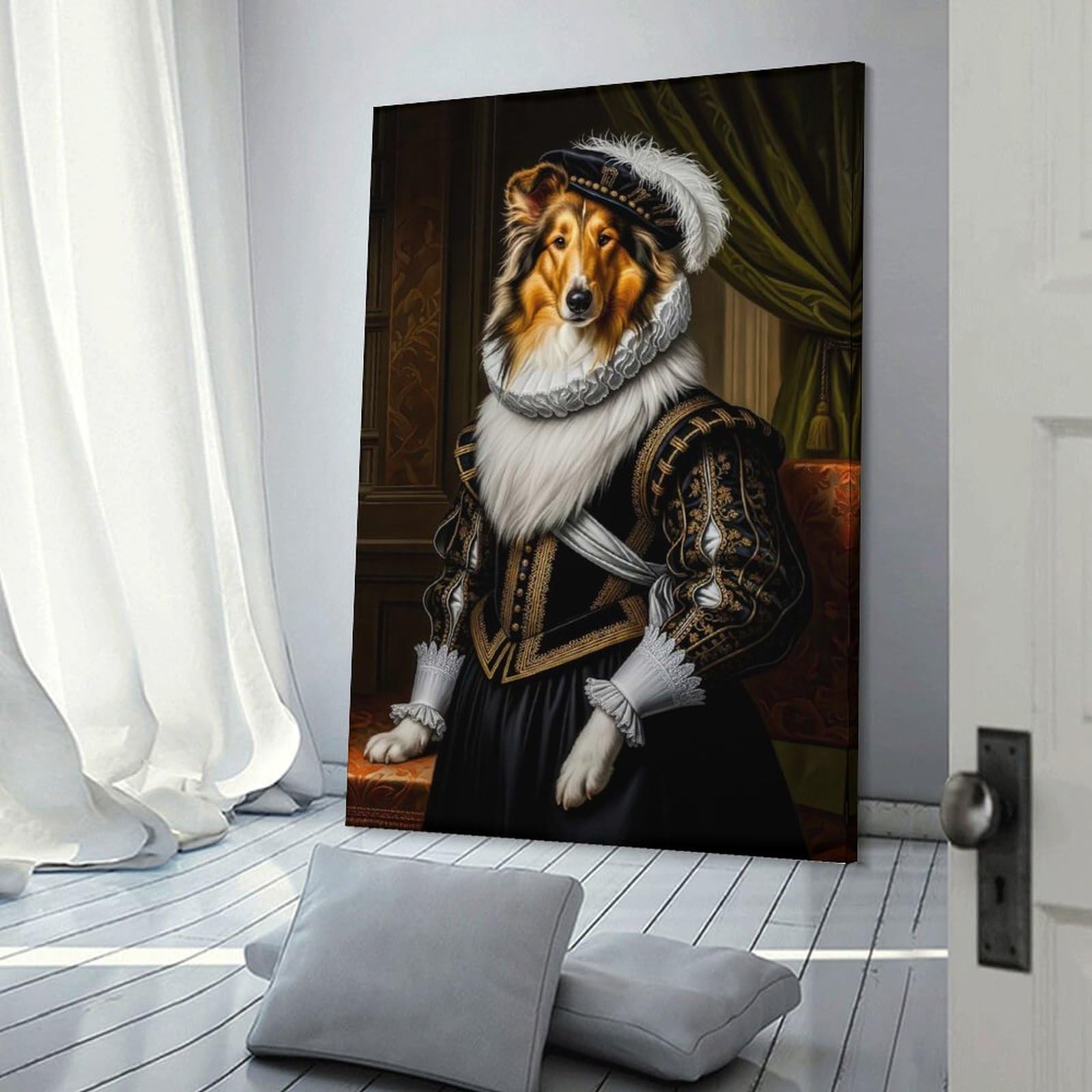 Junmoney Frame-Style-23 Dog Portrait In Renaissance Attire Home Decor Wall Art, 24X36inch(60X90cm), For Apartment Walls, Studios Or Work Areas, Wall Decor With Flexible Room Appeal