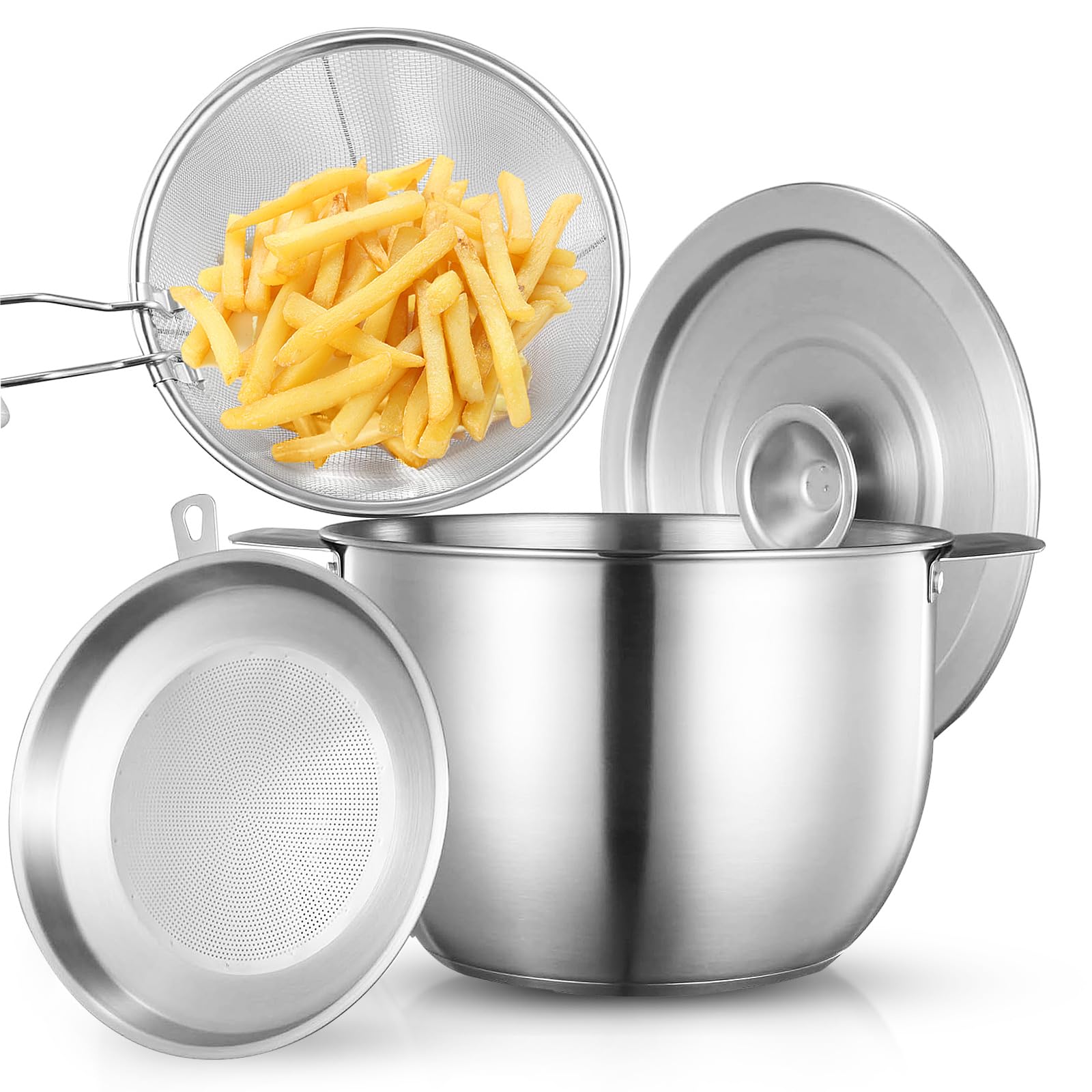 Deep Fryer Pot with Basket Lid Oil Filter Pot Large Capacity 1 Gall Frying Bowl 304 Stainless Steel Multi-function Grease Container for Kitchen Camping