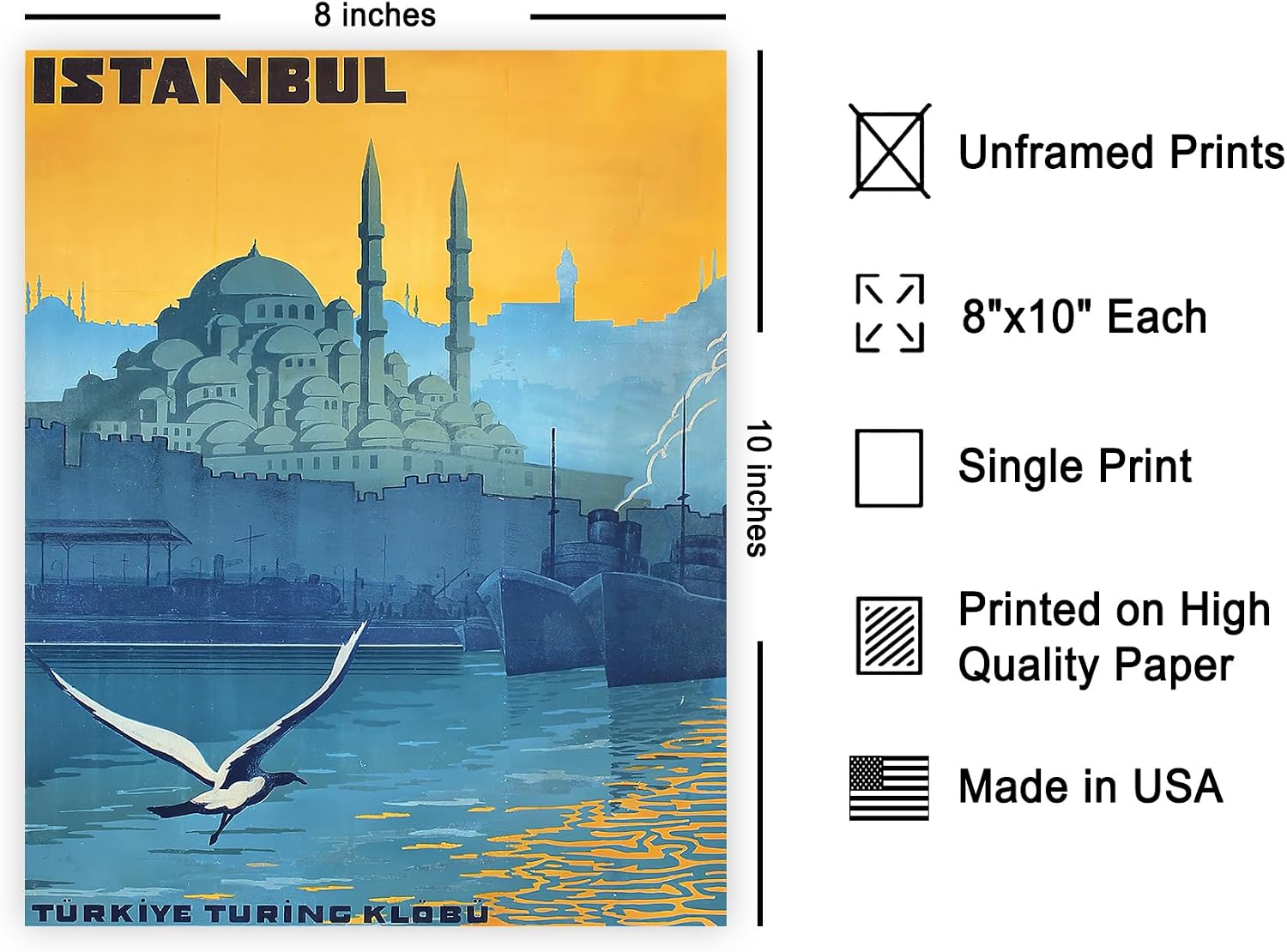 Poster Master Vintage Travel Poster - Retro Istanbul Print - Turkey Art - Great Gift for Him, Her, Travel Lover - Nautical Wall Decor for Bathroom, Lake, Ocean or Beach House - 8x10 UNFRAMED Wall Art