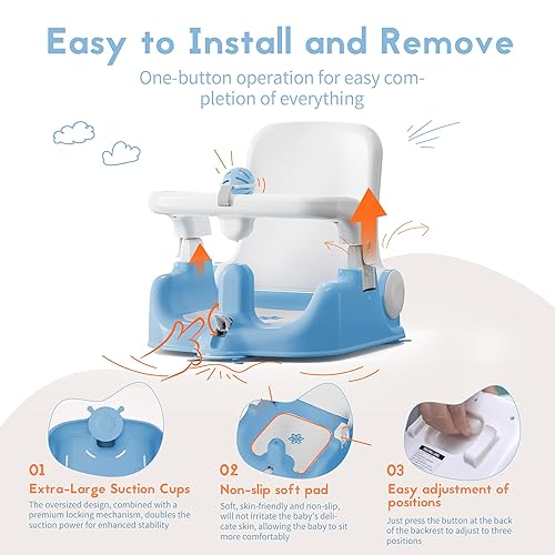 Miniatura 5 de BabyBond Asiento de baño para bebé con 2 modos, ajuste de 3 velocidades, potentes ventosas, silla de bañera infantil con toalla suave y cómoda,