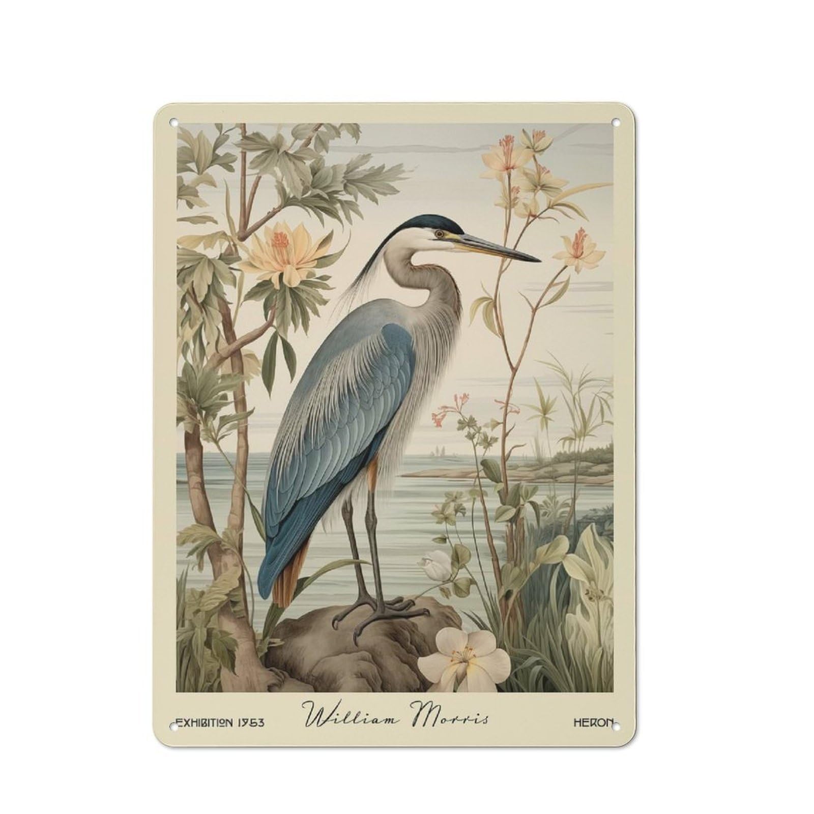 Junmoney Style-1 William Morris Heron Floral Art Retro Metal Wall Decor 40X30cm, Metal Sign For Pub, Home Bar, Shed Or Man Cave, For Relaxed Wall Styling