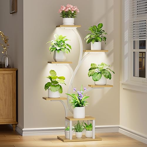 Soporte para plantas de interior con luces de crecimiento, estante para plantas de 7 niveles para interiores, soporte de esquina de 49 pulgadas para